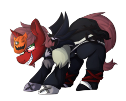 Size: 1024x817 | Tagged: safe, artist:oddends, oc, oc only, oc:sojourner, pony, unicorn, bat wings, brown mane, crouching, disney, glasses, green eyes, halloween, holiday, jack-o-lantern, keyblade, kingdom hearts, looking at you, mask, messy hair, messy mane, pumpkin, red fur, sharp teeth, smiling, solo, sora, wings