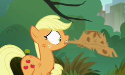 Size: 1026x620 | Tagged: safe, screencap, applejack, g4, made in manehattan, my little pony: friendship is magic, applejack's damaged hat, applejack's hat, destroyed, hat