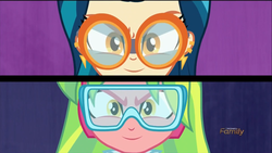 Size: 1366x768 | Tagged: safe, screencap, indigo zap, lemon zest, acadeca, equestria girls, g4, my little pony equestria girls: friendship games, crystal prep academy, crystal prep shadowbolts, discovery family logo, duo, goggles