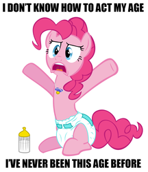 Size: 894x1036 | Tagged: safe, artist:twilights-secret, edit, pinkie pie, g4, adult foal, baby bottle, diaper, diaper edit, female, image macro, meme, non-baby in diaper, pacifier, poofy diaper, sitting, solo, tail tape, yelling