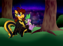 Size: 2200x1600 | Tagged: dead source, safe, artist:woogiegirl, spike, dragon, pony, unicorn, wasp, g4, avengers, avengers: earth's mightiest heroes, clothes, commission, costume, crossover, crossover shipping, field, janet van dyne, marvel, night, ponified, ship:spikewasp, spikelove, stargazing, story included, tree, watermark