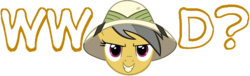 Size: 1600x488 | Tagged: artist needed, safe, a.k. yearling, daring do, g4, determined look, female, grin, hat, looking at you, mare, smiling, text