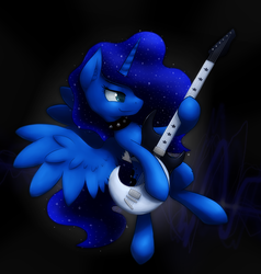 Size: 3512x3696 | Tagged: safe, artist:whazzam95, princess luna, pony, g4, bipedal, female, guitar, high res, musical instrument, solo