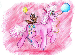 Size: 2034x1480 | Tagged: safe, artist:animagicworld, pinkie pie (g3), flying squirrel, squirrel, g3, balloon, pink, traditional art