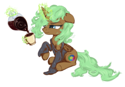 Size: 1485x1031 | Tagged: safe, artist:equie, oc, oc only, oc:equie, alicorn, pony, alicorn oc, coffee, glowing horn, horn, magic, messy mane, morning ponies, simple background, sleepy, solo, telekinesis, transparent background