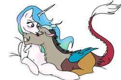 Size: 1136x749 | Tagged: safe, artist:ishamallama, discord, princess celestia, g4, blushing, female, male, preglestia, pregnant, scrunchy face, ship:dislestia, shipping, straight