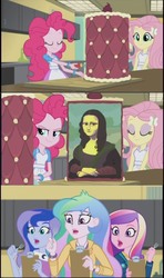 Size: 1912x3236 | Tagged: safe, edit, screencap, dean cadance, fluttershy, pinkie pie, princess cadance, princess celestia, princess luna, principal celestia, vice principal luna, equestria girls, g4, my little pony equestria girls: friendship games, cake, female, fork, how, inside the cake meme, meme, meme origin, mona lisa