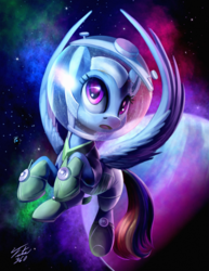Size: 927x1200 | Tagged: safe, artist:tsitra360, rainbow dash, pegasus, pony, g4, scare master, astrodash, astronaut, clothes, costume, female, mare, nightmare night, nightmare night costume, open mouth, planet, solo, space, spacesuit, stars, wheatley