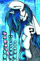 Size: 903x1396 | Tagged: safe, artist:ulkuchi, dj pon-3, vinyl scratch, g4, eyes closed, female, sitting, solo, speaker