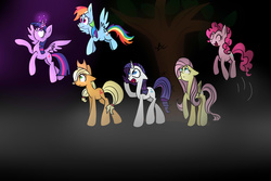 Size: 3000x2000 | Tagged: safe, artist:lynchristina, applejack, fluttershy, pinkie pie, rainbow dash, rarity, twilight sparkle, alicorn, pony, g4, dark, exploring, female, floppy ears, flying, forest, happy, high res, hop, magic, mane six, mare, twilight sparkle (alicorn)