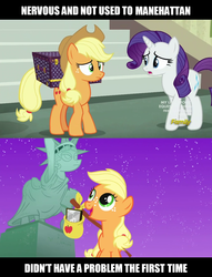 Size: 1280x1672 | Tagged: safe, edit, edited screencap, screencap, applejack, rarity, earth pony, pony, unicorn, g4, made in manehattan, the cutie mark chronicles, discovery family logo, female, filly, filly applejack, foal, image macro, impact font, inconsistency, manehattan, maneway station, mare, meme, statue of friendship, younger