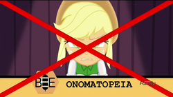 Size: 1366x768 | Tagged: source needed, safe, screencap, applejack, acadeca, equestria girls, g4, my little pony equestria girls: friendship games, applejack's hat, cowboy hat, embarrassed, fail, female, hat, misspelling, onomatopoeia, spelling bee