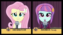 Size: 1366x768 | Tagged: safe, screencap, fluttershy, sunny flare, acadeca, equestria girls, g4, my little pony equestria girls: friendship games, fail, female, immigration, microphone, misspelling, rhombus, spelling bee