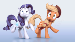 Size: 1920x1080 | Tagged: safe, artist:assasinmonkey, applejack, rarity, earth pony, pony, unicorn, g4, made in manehattan, :o, booty call, duo, duo female, female, frown, glowing cutie mark, gradient background, looking up, mare, raised hoof, raised leg, scene interpretation, simple background, wide eyes