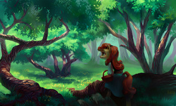 Size: 3071x1861 | Tagged: dead source, safe, artist:holivi, carrot top, golden harvest, earth pony, anthro, semi-anthro, g4, bipedal, clothes, cottagecore, dress, featured image, female, forest, grass, hoof hold, mare, puffy sleeves, scenery, smiling, solo, tree