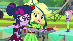 Size: 1280x720 | Tagged: safe, screencap, applejack, fluttershy, sci-twi, twilight sparkle, equestria girls, friendship games, g4, archery, archery clothes, arrow, bow (weapon), bow and arrow, crying, cutie mark accessory, cutie mark hair accessory, female, friendship games archery outfit, friendship games outfit, hair accessory, magic capture device, tri-cross relay outfit, weapon