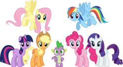 Size: 2058x1133 | Tagged: safe, artist:dashiesparkle, applejack, fluttershy, pinkie pie, rainbow dash, rarity, spike, twilight sparkle, dragon, earth pony, pegasus, pony, unicorn, g4, the best night ever, .svg available, female, group, looking at you, male, mane seven, mane six, mare, simple background, spread wings, stock vector, svg, transparent background, unicorn twilight, vector, wings