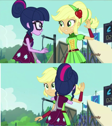 Size: 1280x1436 | Tagged: safe, screencap, applejack, sci-twi, twilight sparkle, equestria girls, g4, my little pony equestria girls: friendship games, applelove, feels, high five, hug, magic capture device