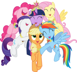 Size: 895x842 | Tagged: safe, artist:mehoep, applejack, fluttershy, pinkie pie, rainbow dash, rarity, twilight sparkle, alicorn, earth pony, pegasus, pony, unicorn, g4, magical mystery cure, .svg available, crown, element of generosity, element of honesty, element of kindness, element of laughter, element of loyalty, element of magic, elements of harmony, female, floating, gold, group hug, horn, jewelry, mane six, mare, regalia, simple background, svg, transparent background, twilight sparkle (alicorn), vector, wings