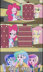 Size: 555x938 | Tagged: safe, edit, edited screencap, screencap, dean cadance, fluttershy, pinkie pie, princess cadance, princess celestia, princess luna, principal celestia, vice principal luna, pony, equestria girls, g4, my little pony equestria girls: friendship games, and that's terrible, cake, crossing the memes, inside the cake meme, lex luthor, ms paint
