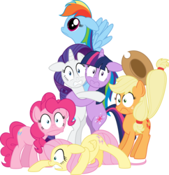 Size: 2426x2503 | Tagged: safe, artist:andypriceart, artist:jeatz-axl, idw, applejack, fluttershy, pinkie pie, rainbow dash, rarity, twilight sparkle, pony, g4, .svg available, bipedal, clinging, dilated pupils, face down ass up, faic, floppy ears, frown, gritted teeth, hug, idw showified, looking at you, mane six, scared, show accurate, shrunken pupils, simple background, spread wings, svg, transparent background, vector, wide eyes