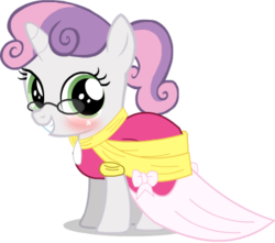 Size: 361x319 | Tagged: artist needed, source needed, safe, sweetie belle, g4, alternate hairstyle, blushing, clothes, coronation dress, cute, diasweetes, dress, female, glasses, ponytail, solo