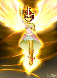 Size: 1024x1408 | Tagged: safe, artist:teammagix, sunset shimmer, equestria girls, g4, my little pony equestria girls: friendship games, armpits, beautiful, clothes, daydream shimmer, dress, female, fiery shimmer, fire, looking at you, magic, signature, skirt, solo, that was fast