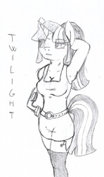 Size: 1104x1869 | Tagged: safe, artist:da52, twilight sparkle, anthro, g4, armpits, belt, clothes, cutie mark, female, miniskirt, monochrome, skirt, solo, stockings, traditional art