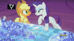 Size: 500x281 | Tagged: safe, screencap, applejack, rarity, g4, made in manehattan, cutie map, discovery family, discovery family logo, gif, lidded eyes, non-animated gif, tv rating