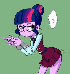 Size: 500x529 | Tagged: dead source, safe, artist:zukicure5gogo, sci-twi, twilight sparkle, equestria girls, g4, my little pony equestria girls: friendship games, clothes, crystal prep academy uniform, derail in the comments, dialogue, female, get, glasses, green background, hair bun, japanese, lidded eyes, looking back, parody, pointing, questionable source, sad, school uniform, shirt, simple background, skirt, solo, speech bubble, teary eyes, translated in the comments