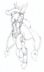 Size: 1174x1920 | Tagged: safe, artist:da52, oc, oc only, oc:charla vouhn arkidyom, dracony, dragon, hybrid, anthro, armor, armpits, barely pony related, cutie mark, fanfic art, halo, mantle, monochrome, ponytail, solo, traditional art