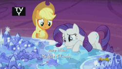 Size: 500x281 | Tagged: safe, screencap, applejack, rarity, g4, made in manehattan, discovery family, discovery family logo, gif, meghan mccarthy, non-animated gif, tv rating