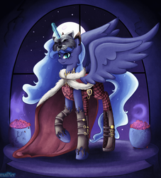 Size: 2300x2530 | Tagged: safe, artist:mailner, princess luna, g4, cape, clothes, crossover, ever after high, fangs, female, high res, magic, moon, raised hoof, solo, spread wings