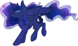 Size: 1092x641 | Tagged: safe, artist:freckledbastard, princess luna, alicorn, pony, g4, eyes closed, female, fluffy, simple background, smiling, solo, spread wings, transparent background