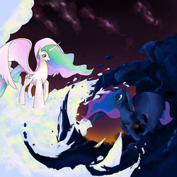 Size: 900x900 | Tagged: safe, artist:red, princess celestia, princess luna, g4, cloud, cloudy, confrontation, spread wings, wip