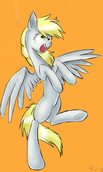 Size: 480x800 | Tagged: safe, artist:vermillion-draws, derpy hooves, pony, g4, bipedal, female, open mouth, slender, solo, spread wings, thin