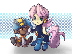 Size: 1600x1200 | Tagged: safe, artist:thegreatrouge, button mash, fluttershy, g4, crossover, lan hikari, mega man (series), megaman battle network, megaman.exe