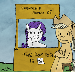 Size: 1890x1817 | Tagged: safe, artist:konsumo, applejack, rarity, g4, made in manehattan, charles m schulz, charlie brown, crossover, lucy's advice booth, peanuts, sitting, stool, style emulation, wide eyes