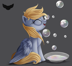 Size: 994x919 | Tagged: safe, artist:ailatf, derpy hooves, pegasus, pony, g4, bubble, eyes closed, female, mare, simple background, sitting, solo