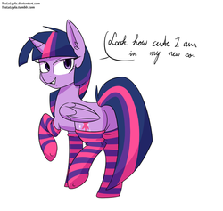 Size: 658x623 | Tagged: safe, artist:tralalayla, edit, twilight sparkle, alicorn, pony, g4, butt, clothes, cropped, cute, dialogue, ear fluff, female, looking at you, mare, plot, raised hoof, raised leg, simple background, smiling, socks, solo, striped socks, twiabetes, twibutt, twilight sparkle (alicorn), underhoof, white background