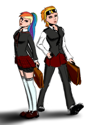 Size: 1208x1549 | Tagged: safe, artist:spacehunt, rainbow dash, spitfire, human, g4, anime, clothes, fuku, humanized, school uniform