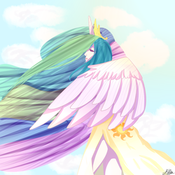 Size: 2500x2500 | Tagged: safe, artist:lilafields, princess celestia, human, g4, clothes, dress, eyes closed, female, high res, horn, horned humanization, humanized, solo, winged humanization