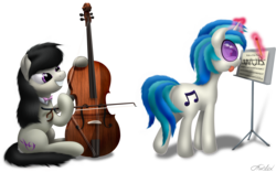 Size: 3400x2125 | Tagged: safe, artist:awalex, dj pon-3, octavia melody, vinyl scratch, g4, bow (instrument), butt, grin, high res, magic, plot, simple background, slasher smile, telekinesis, this will end in pain, this will end in tears, tongue out, transparent background, vandalism