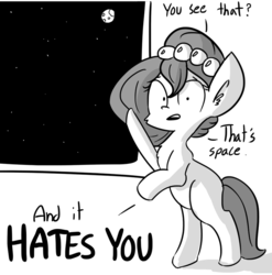 Size: 818x829 | Tagged: safe, artist:tjpones, oc, oc only, oc:brownie bun, horse wife, hate, life lesson, monochrome, moon, solo, space