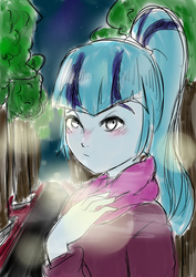 Size: 2480x3507 | Tagged: safe, artist:amazingpuffhair, sonata dusk, equestria girls, g4, blushing, female, high res, looking at you, night, solo, tree