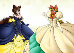 Size: 2989x2159 | Tagged: safe, artist:seductivebunneh, oc, oc only, oc:help desk, oc:manji, human, hybrid, shark, unicorn, anthro, anthro oc, clothes, dress, ear piercing, evening gloves, glasses, gloves, gown, high res, non-mlp oc, piercing, poofy shoulders, princess costume, smiling