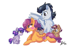Size: 1800x1200 | Tagged: safe, artist:dreamscapevalley, rumble, scootaloo, oc, oc:ace, oc:olympic, oc:rocky, g4, alternate hairstyle, blushing, family, female, male, offspring, older, parent:rumble, parent:scootaloo, parents:rumbloo, pregnant, ship:rumbloo, shipping, straight