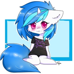 Size: 1812x1812 | Tagged: safe, artist:teranen, dj pon-3, vinyl scratch, anthro, unguligrade anthro, g4, :3, blushing, chibi, clothes, colored pupils, female, floppy ears, looking at you, shirt, solo, wingding eyes