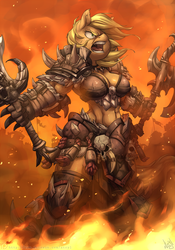 Size: 840x1200 | Tagged: safe, artist:atryl, applejack, earth pony, anthro, unguligrade anthro, g4, armor, axe, badass, barbarian, barbarianjack, belly button, cleavage, crossover, diablo (series), diablo iii, epic, female, fire, metal as fuck, midriff, open mouth, solo, sword, unconvincing armor, weapon