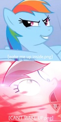 Size: 1024x2048 | Tagged: safe, edit, edited screencap, screencap, rainbow dash, pegasus, pony, g4, the mysterious mare do well, bring me to life, comic, derp, descriptive noise, evanescence, faic, female, frown, glare, glowing eyes, glowing eyes meme, grin, looking at you, mare, meme, open mouth, screencap comic, smiling, smirk, solo, wide eyes